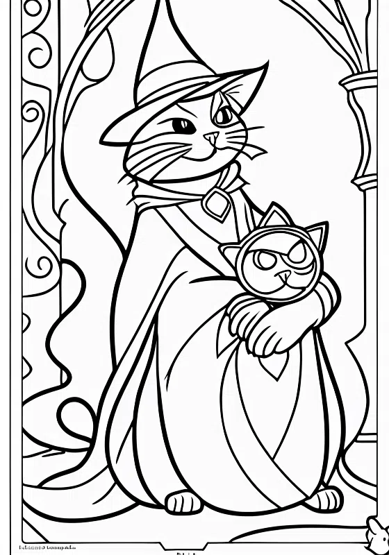 Wizard's Cat Helping with Potions Coloring Pages