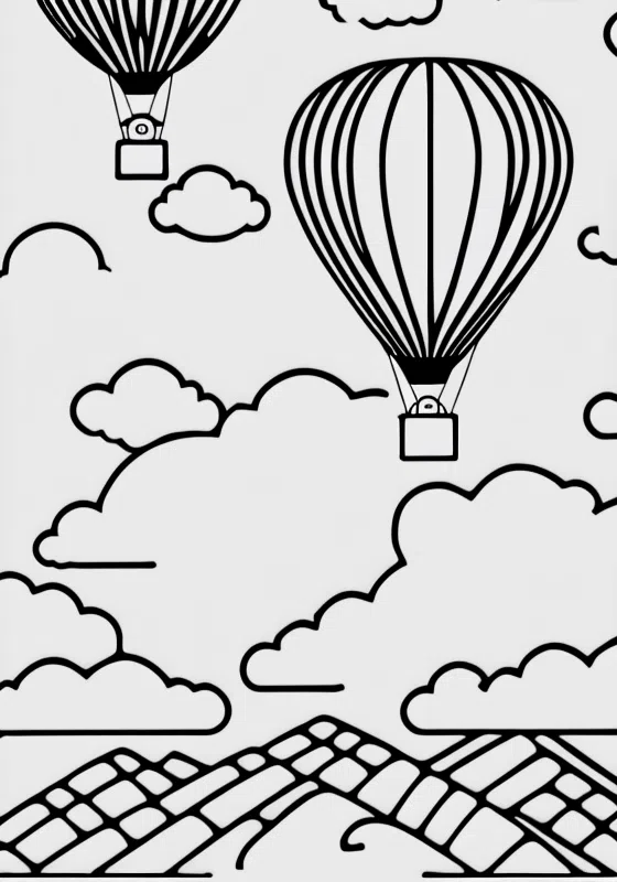 Hot Air Balloon Floating Above Clouds Kaaaaii passengers Viewing Scenery Coloring Pages